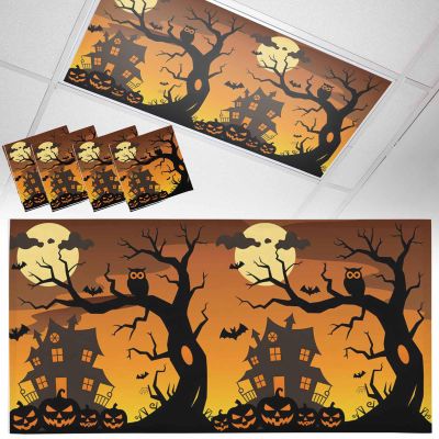 4 PCS Fluorescent Light Covers - Halloween Full Moon Night Magnetic Light Filters for Ceiling Light,Castle Haunted House Orange Light Shade Panel for Office Classroom Home Decor,4 x 2 Feet