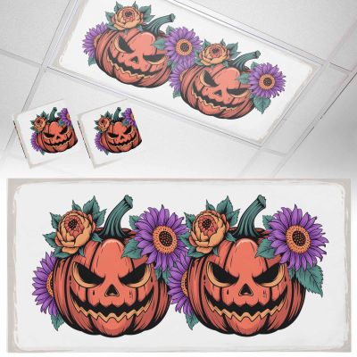 2 PCS Fluorescent Light Covers - Halloween Funny Pumpkin Ghost Magnetic Light Filters for Ceiling Light,Orange Purple Flower Light Shade Panel for Office Classroom Home Decor,4 x 2 Feet