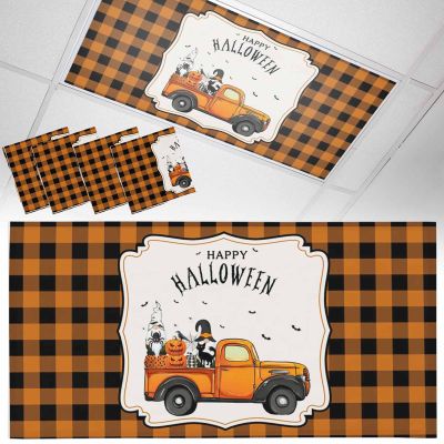 4 PCS Fluorescent Light Covers - Happy Halloween Gnome Truck Magnetic Light Filters for Ceiling Light,Orange Black Buffalo Plaid Light Shade Panel for Office Classroom Home Decor,4 x 2 Feet