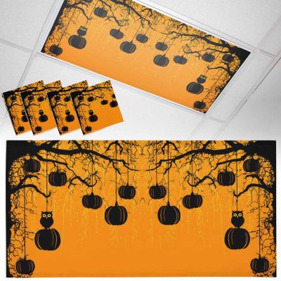 4 PCS Fluorescent Light Covers - Abstract Halloween Pumpkin Magnetic Light Filters for Ceiling Light,Horror Owl on Yellow Light Shade Panel for Office Classroom Home Decor,4 x 2 Feet