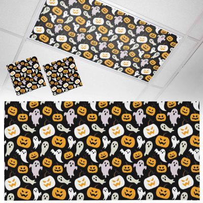 2 PCS Fluorescent Light Covers - Halloween Cute Pumpkin Ghost Magnetic Light Filters for Ceiling Light,Orange on Black Light Shade Panel for Office Classroom Home Decor,4 x 2 Feet