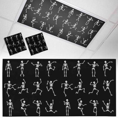 2 PCS Fluorescent Light Covers - Halloween Abstract Skeleton Magnetic Light Filters for Ceiling Light,White Skull on Black Light Shade Panel for Office Classroom Home Decor,4 x 2 Feet
