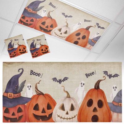 2 PCS Fluorescent Light Covers - Pumpkin Ghost Halloween Magnetic Light Filters for Ceiling Light,Horror Ghost Bat Retro Backdrop Light Shade Panel for Office Classroom Home Decor,4 x 2 Feet
