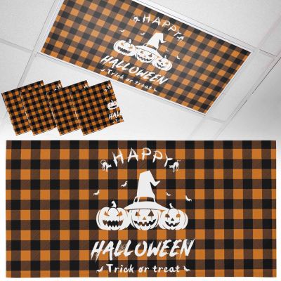 4 PCS Fluorescent Light Covers - Happy Halloween Pumpkin Ghost Magnetic Light Filters for Ceiling Light,Orange Checkered Light Shade Panel for Office Classroom Home Decor,4 x 2 Feet
