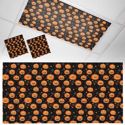 2 PCS Fluorescent Light Covers - Abstract Halloween Smile Face Pumpkin Magnetic Light Filters for Ceiling Light,Stars on Black Light Shade Panel for Office Classroom Home Decor,4 x 2 Feet
