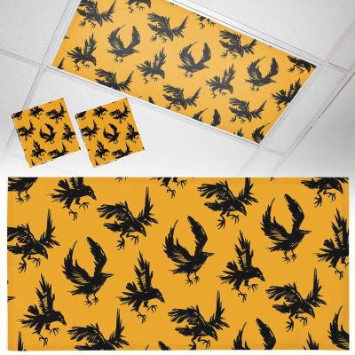 2 PCS Fluorescent Light Covers - Abstract Halloween Crow Magnetic Light Filters for Ceiling Light,Retro Animal on Yellow Light Shade Panel for Office Classroom Home Decor,4 x 2 Feet