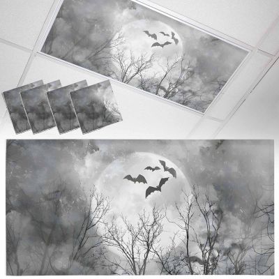 4 PCS Fluorescent Light Covers - Halloween Full Moon Night Magnetic Light Filters for Ceiling Light,Bat Bare Tree Gray Light Shade Panel for Office Classroom Home Decor,4 x 2 Feet