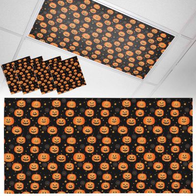 4 PCS Fluorescent Light Covers - Abstract Halloween Smile Face Pumpkin Magnetic Light Filters for Ceiling Light,Stars on Black Light Shade Panel for Office Classroom Home Decor,4 x 2 Feet