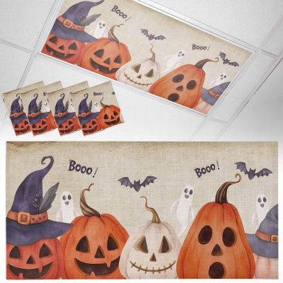 4 PCS Fluorescent Light Covers - Pumpkin Ghost Halloween Magnetic Light Filters for Ceiling Light,Horror Ghost Bat Retro Backdrop Light Shade Panel for Office Classroom Home Decor,4 x 2 Feet