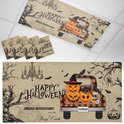 4 PCS Fluorescent Light Covers - Vintage Halloween Pumpkin Ghost Magnetic Light Filters for Ceiling Light,Buffalo Plaid Truck Light Shade Panel for Office Classroom Home Decor,4 x 2 Feet