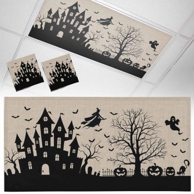 2 PCS Fluorescent Light Covers-Halloween Haunted Castle Witch Riding Broom Bat Magnetic Light Filters for Ceiling Light,Dead Trees Black Shadow Light Shade for Office Classroom Home Decor,4 x 2 Feet