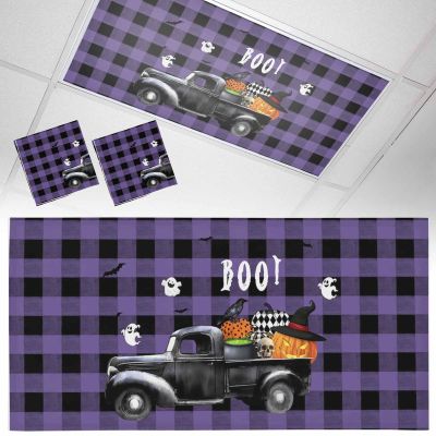 2 PCS Fluorescent Light Covers-Halloween Farm Truck Purple Black Bufalo Plaid Magnetic Light Filters for Ceiling Light,Ghost Pumpkin Crow Skull Light Shade for Office Classroom Home Decor,4 x 2 Feet