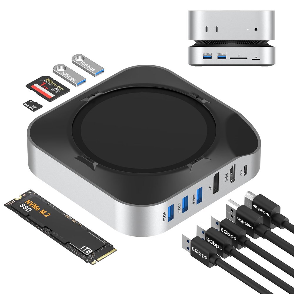 BAOZEE Mac mini M4 Dock with NVMe SSD Enclosure, Docking Station Dual Monitor for Mac mini M4/M4 Pro, 6-Port USB-C Hub with 4K60Hz HDMI, DisplayPort, SD/TF Card Reader, 10Gbps USB-A