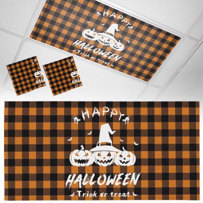 2 PCS Fluorescent Light Covers - Happy Halloween Pumpkin Ghost Magnetic Light Filters for Ceiling Light,Orange Checkered Light Shade Panel for Office Classroom Home Decor,4 x 2 Feet