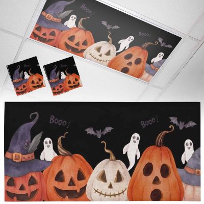 2 PCS Fluorescent Light Covers - Pumpkin Ghost Halloween Magnetic Light Filters for Ceiling Light,Scary Ghost Bat on Black Light Shade Panel for Office Classroom Home Decor,4 x 2 Feet