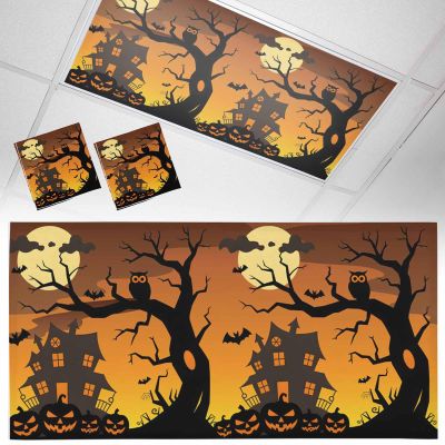 2 PCS Fluorescent Light Covers - Halloween Full Moon Night Magnetic Light Filters for Ceiling Light,Castle Haunted House Orange Light Shade Panel for Office Classroom Home Decor,4 x 2 Feet