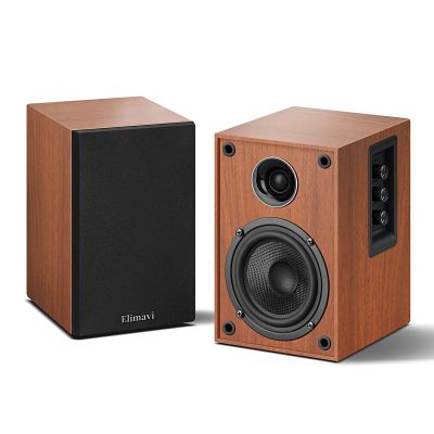 Elimavi Powered Bluetooth Bookshelf Speakers, 40W X 2 Record Player Speakers with 4 Inch Woofer and a 1" Silk Dome Tweeter, BT5.3/RCA/USB-C Audio Input for PC and TVs, Brown
