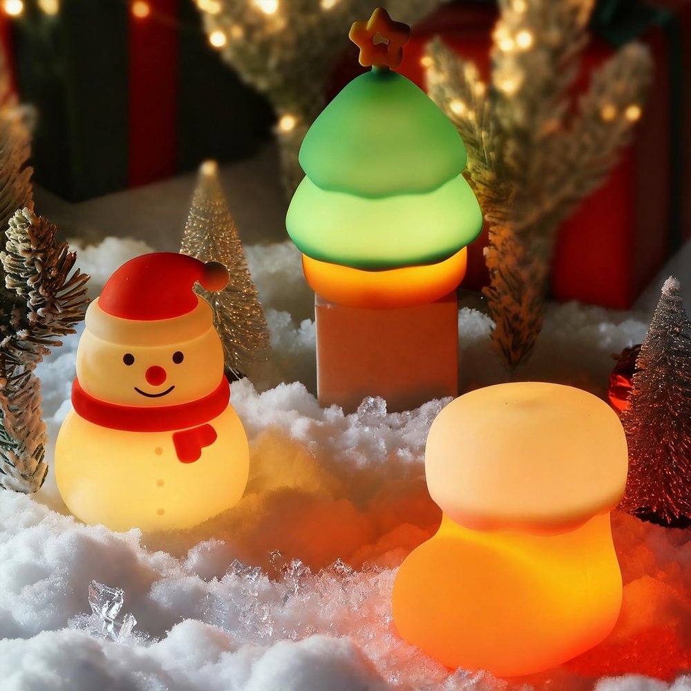 Christmas Night Light Set of 3,Rechargeable Dimmable Christmas Snowman Night Lamp,Cute Christmas Tree Decor Nightlight for Nursery Kids Hangable Squishy Silicone Boot Lights Gifts Holiday Decor