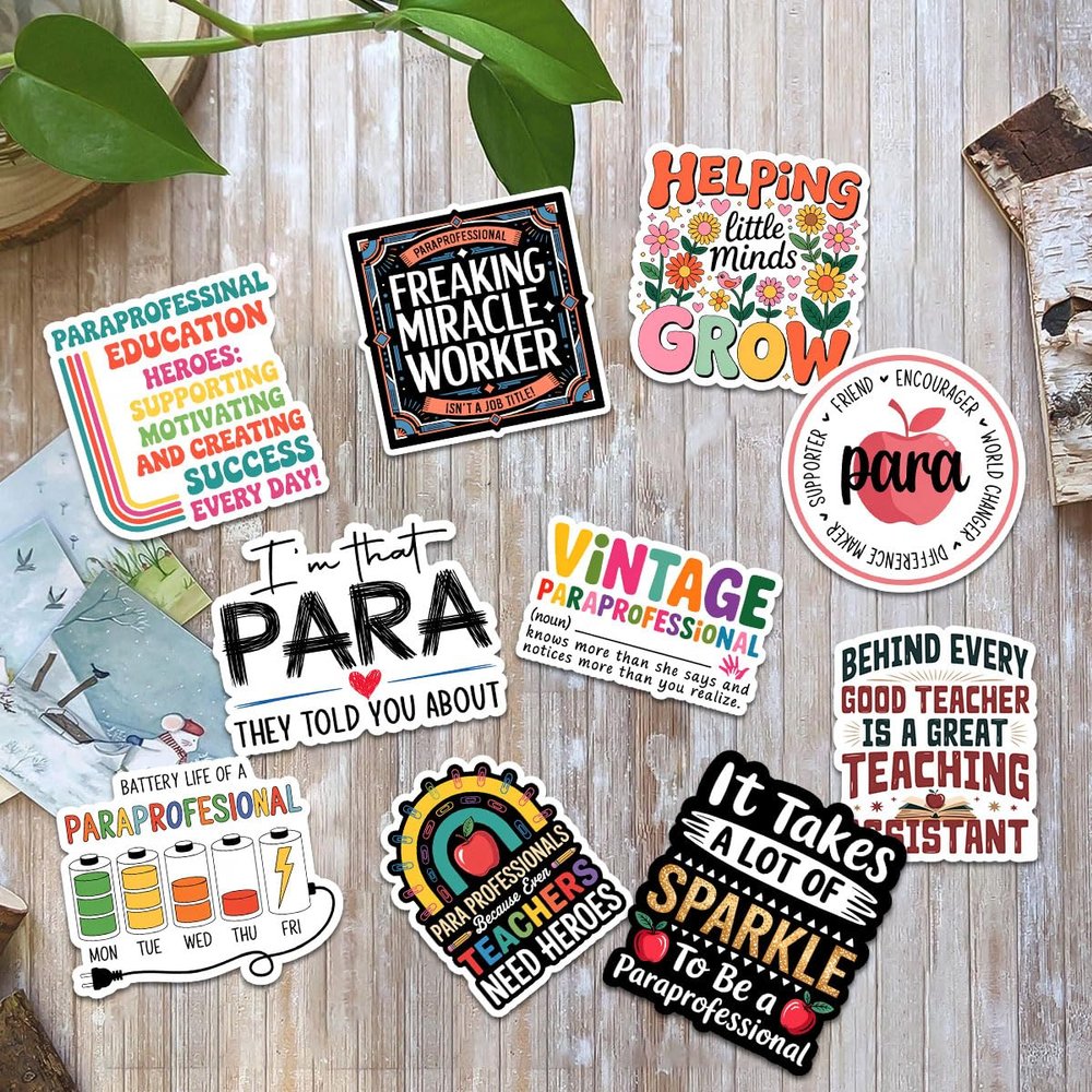 10 Pcs Paraprofessional Stickers Pack Funny Teaching Assistant Decals for Laptop, Notebook, Water Bottle, Gift for Paraeducators, Teacher Aides, Classroom Staff (Normal, 7 Inch)