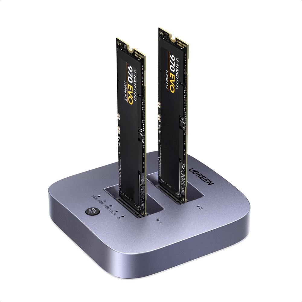 UGREEN 20Gbps Cloner, M.2 Duplicator Dual Bay NVMe Enclosure, Tool-Free USB3.2 Gen 2X2 to USB Adapter M.2 Docking Station for M Key PCIE NVMe SSD Reader Supports Offline Clone Up to 16TB