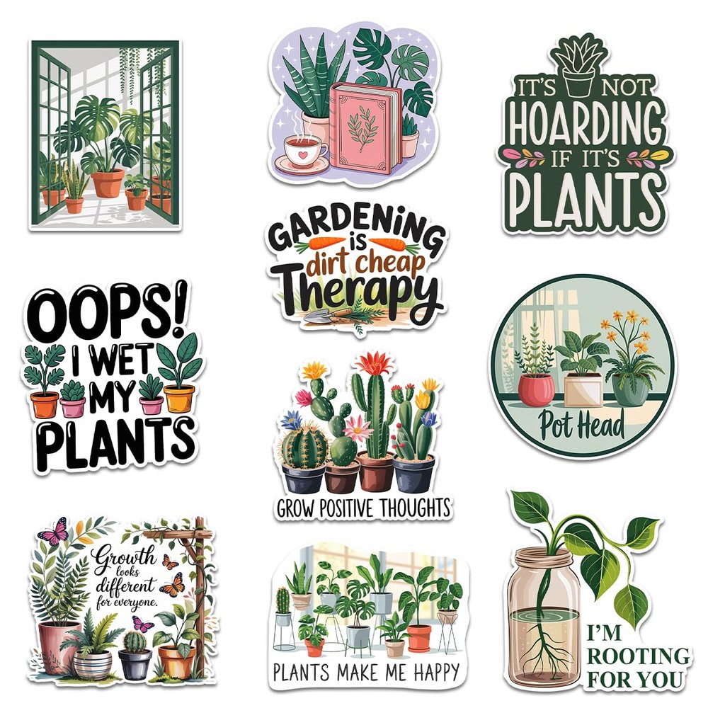 10 Pcs Funny Plant Lover Stickers  Indoor Plant-Themed Waterproof Vinyl Decals for Water Bottle, Laptop, Garden Journal  Gift for Gardeners, Moms & Dads (Normal, 6 inch)