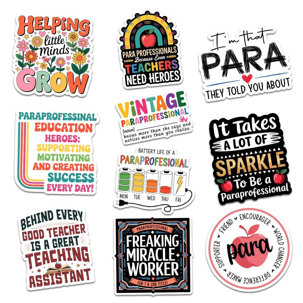 10 Pcs Paraprofessional Stickers Pack Funny Teaching Assistant Decals for Laptop, Notebook, Water Bottle, Gift for Paraeducators, Teacher Aides, Classroom Staff (Normal, 6 Inch)