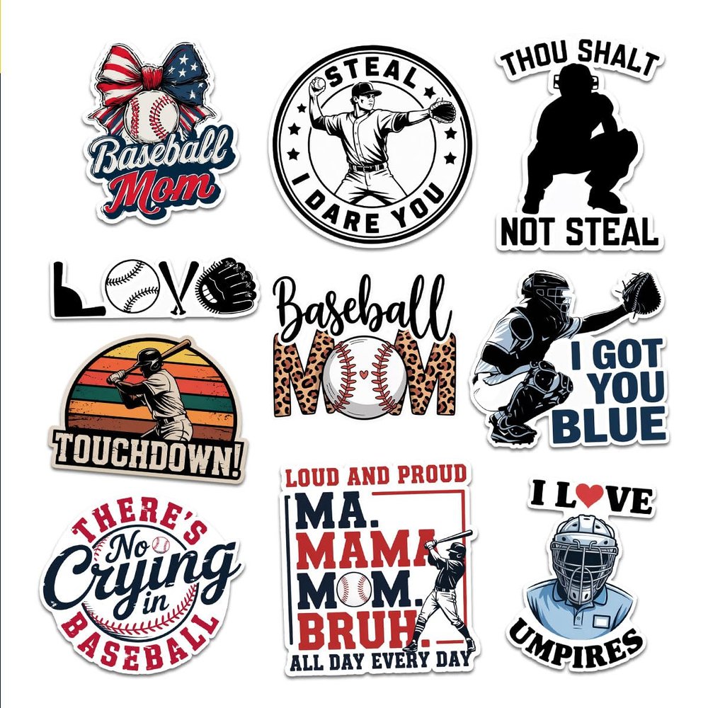 10 Pcs Baseball Mom Sticker Pack Funny Sports Quotes & Game Day Decals for Laptop, Water Bottle, Cooler Gifts for Proud Baseball Mothers & Sports Moms (Normal, 6 Inch)