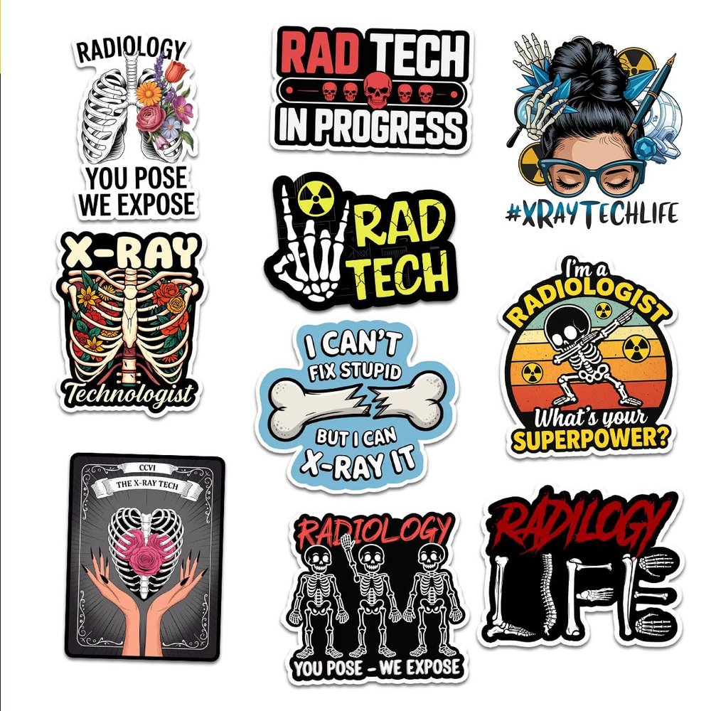 10 Pcs Radiology Sticker Pack Funny X-Ray Tech & Skeleton Decals for Laptop, Water Bottle, Clipboard Gifts for Radiologic Technologists & Medical Workers (Normal, 3 Inch)