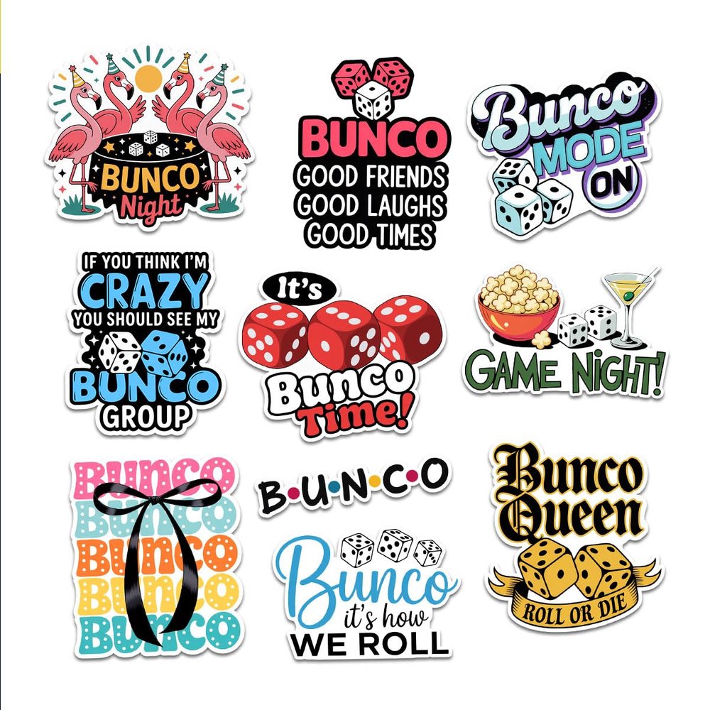 10 Pcs Bunco Sticker Pack  Funny Dice Game Quotes & Bunco Night Decals for Women, Laptops, Water Bottles, Party Favors  Gifts for Bunco Groups & Game Night Friends (Normal, 6 Inch)