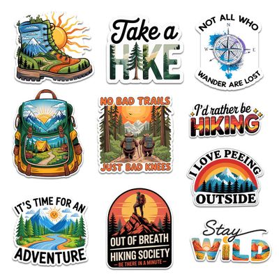 10 Pcs Hiking Stickers Funny Outdoor Adventure Vinyl Decals for Water Bottle, Laptop, Car Gifts for Hikers, Campers, Backpackers (Normal, 6 Inch)