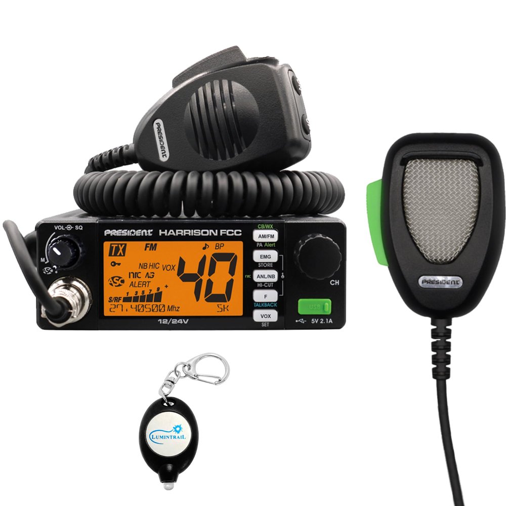 Harrison FCC AM/FM CB Radio with DIGIMIKE Microphone, CTCSS/DCS, Large 7 Color LCD Display, Weather Channel/Alert, ASC, VOX, Scan Skip, USB Port, NRC, Automatic SWR, PA, with Keychain
