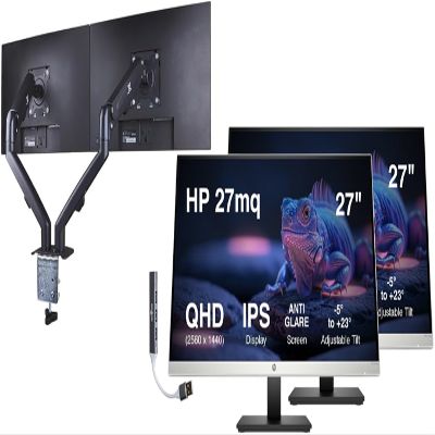HP 27" QHD IPS Monitor with 5ms Response Time, Anti Glare, Flicker Free, VESA Mount (100 x 100 mm), VGA, HDMI, Black/Silver Color 2 Pack with DKZ Hub & ErgoFlexy Dual Monitor Mount