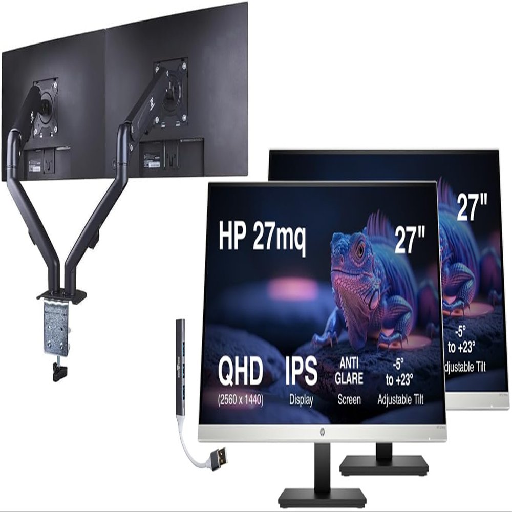 HP 27" QHD IPS Monitor with 5ms Response Time, Anti Glare, Flicker Free, VESA Mount (100 x 100 mm), VGA, HDMI, Black/Silver Color 2 Pack with DKZ Hub & ErgoFlexy Dual Monitor Mount