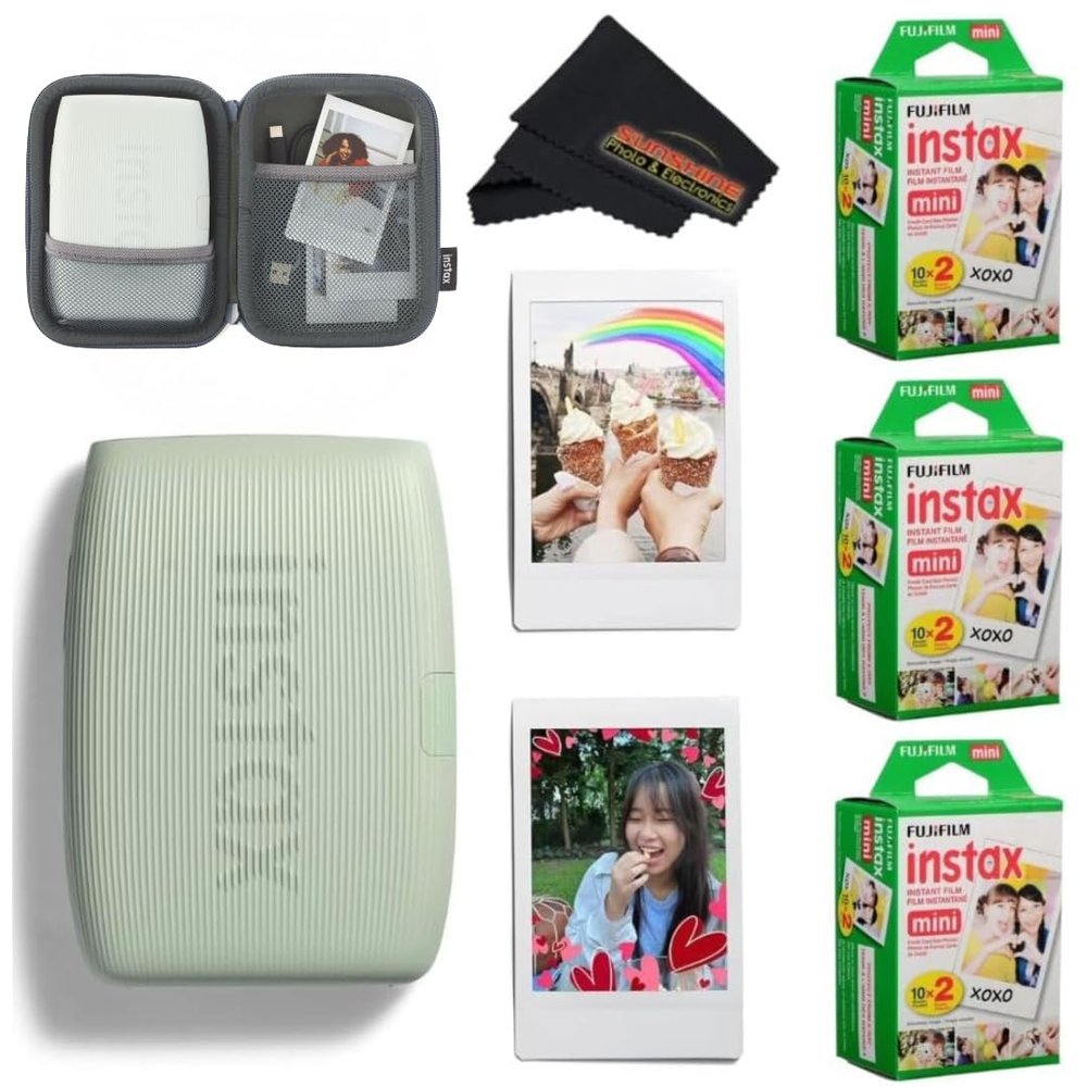 Fujifilm INSTAX Mini Link 3 Smartphone Printer with INSTAX Mini Instant Film and Sunshine Microfiber Cleaning Cloth... (3 Twin Pack (60 Sheets), Sage Green)