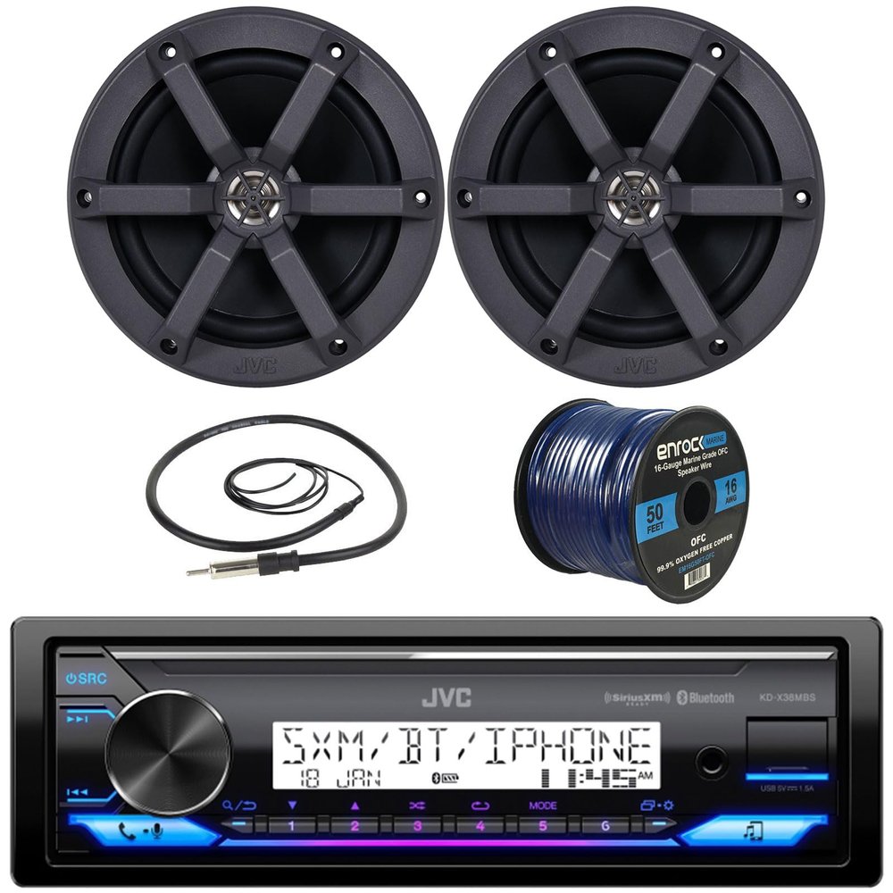 Single DIN Marine Bluetooth AM/FM Stereo Receiver with 2X 6.5 100 Watt 2-Way Speakers, Radio Antenna and 16 Gauge 50-Ft Wire