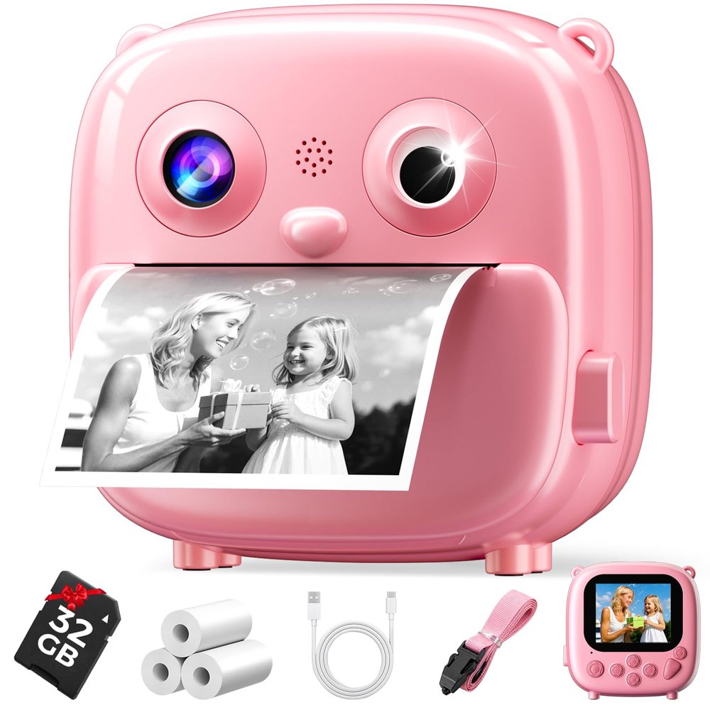 Kids Instant Print Camera- Christmas Birthday Gifts for Age 3-12 Girls Boys- Selfie Digital Camera with 32GB SD Card- Toddlers Portable Travel Toy for 3 4 5 6 7 8 9 10 Year Old Girls Boys-Pink