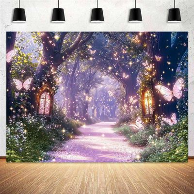 12x10ft Spring Enchanted Forest Backdrop Purple Fairy Tale World Grass Butterfly Wonderland Background Magic Garden Tea Party Kids Girl Baby Shower Photo Booth Studio Props Backdrops