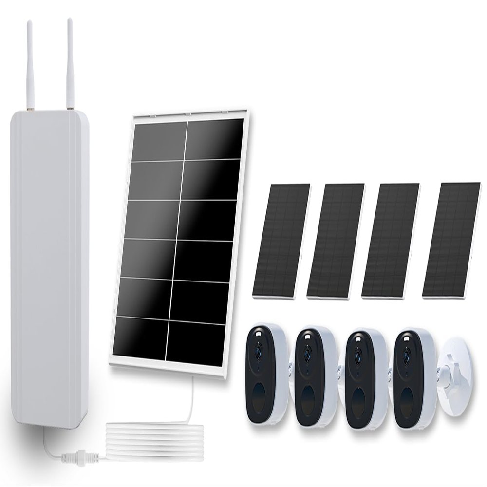 VUEBEE 4G LTE Router Security Camera System, 4-Cam Kit with 4 Solar Panels for Cameras & 20W Solar Panel for Router, 360 Coverage, 1080P Full HD Color Night Vision, WiFi Ethernet SIM Card