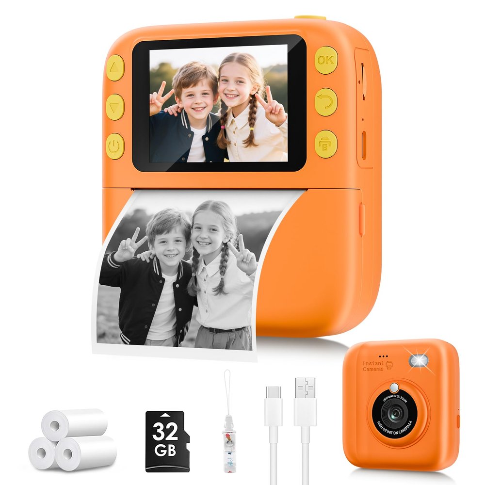 Instant Print Camera for Kids, Christmas Birthday Gifts for Girls Boys, 1080P Instant Digital Print Cameras for Toddler,Portable Toy for 4 5 6 7 8 9 10 Year Old Girl with 32GB SD CardOrange