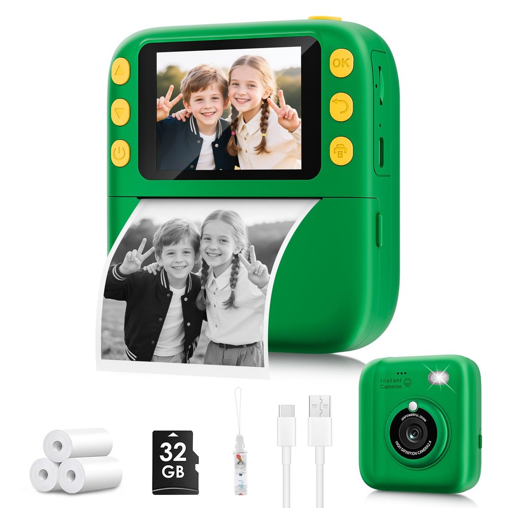 Instant Print Camera for Kids, Christmas Birthday Gifts for Girls Boys, 1080P Instant Digital Print Cameras for Toddler,Portable Toy for 4 5 6 7 8 9 10 Year Old Girl with 32GB SD CardGreen