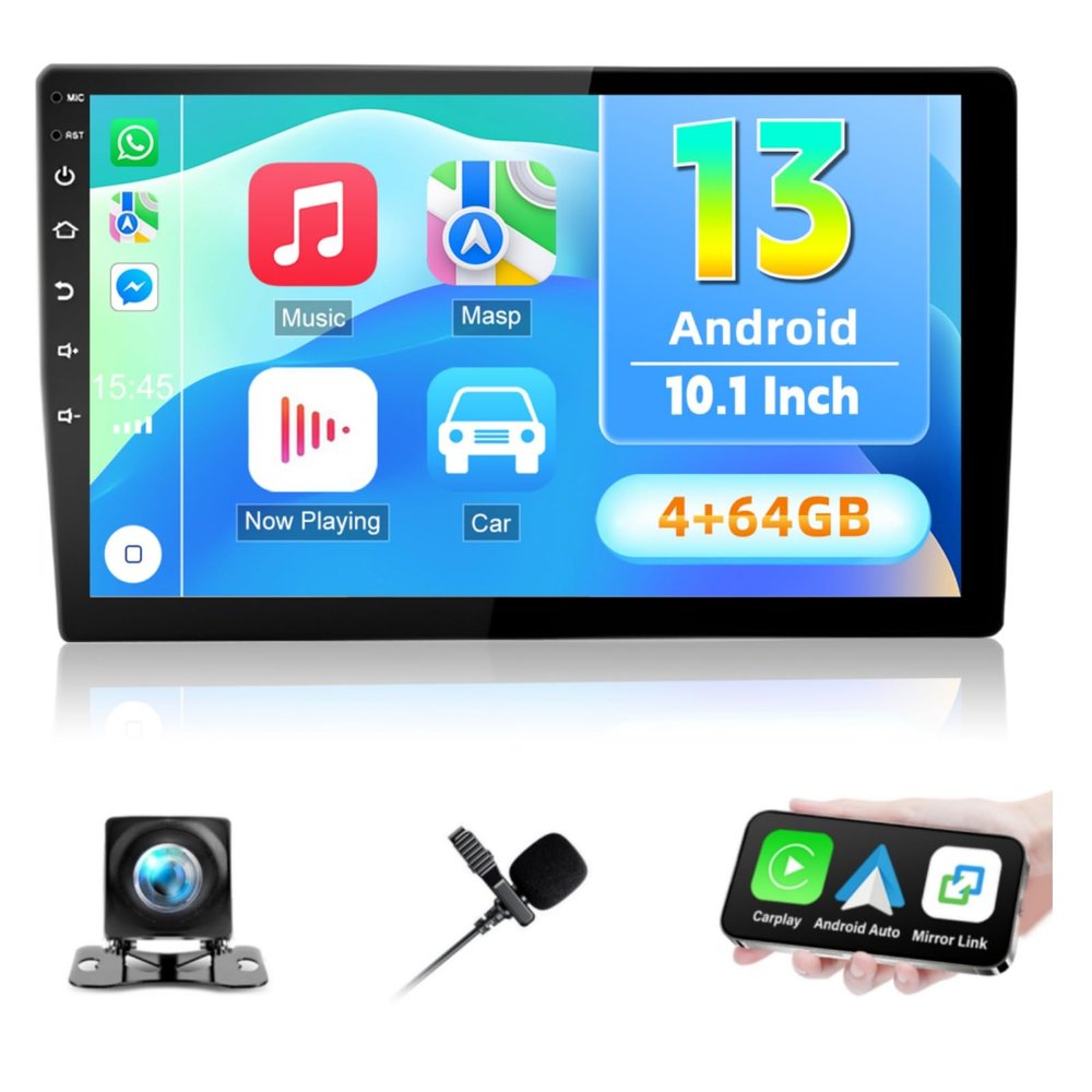 10.1 Inch Android Car Radio Double Din Wireless Apple Carplay Android Auto, Touchscreen Android 13 Car Stereo Bluetooth, HiFi, FM, GPS, WiFi, Split Screen, SWC, Mic, Backup Camera