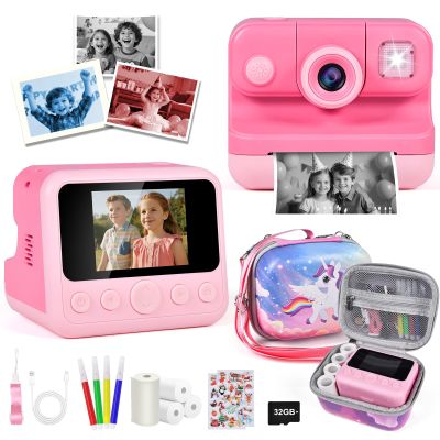 Elecoutek Kids Instant Print Camera with Carrying Bag, 1080P HD Girl Camera with 4 Print Paper Rolls, Color Pens & 32GB Card, Christmas Birthday Gifts Kids Girl Toys for 3-12 Years Old (Pink)