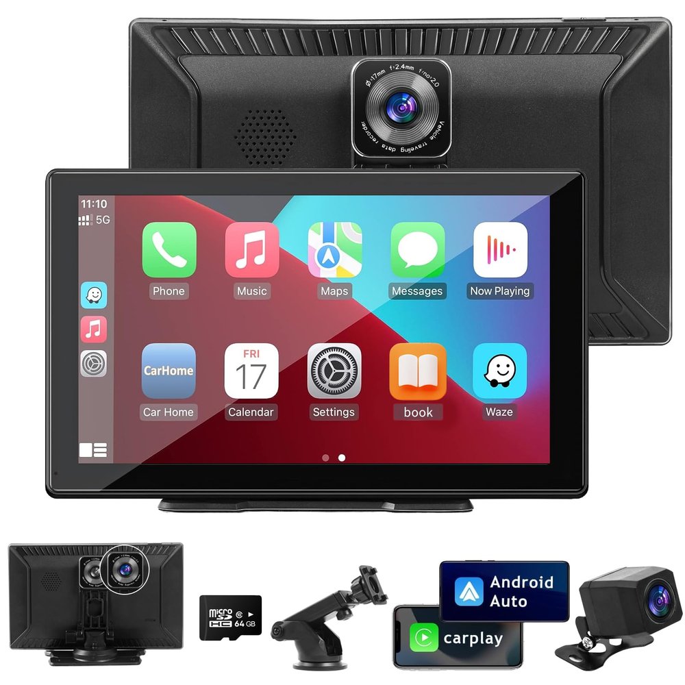 9.3" Carplay Screen for Car with Backup Camera, 2.5K Wireless Display, Android Auto Compatible, Portable Dash Cam, Touch Monitor, GPS Navigation, Bluetooth FM Transmitter, Universal Mount, Gifts