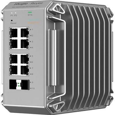 Managed PoE+ SwitchRG-NIS3100-8GT2SFP-HP Reyee 8-Port Industrial L2 Managed PoE+ Switch, 8X GbE (8X PoE+), 2X SFP Uplink, 240W PoE Budget, Fanless, 8 kV Protection, Dual 12-56V DC, IP40