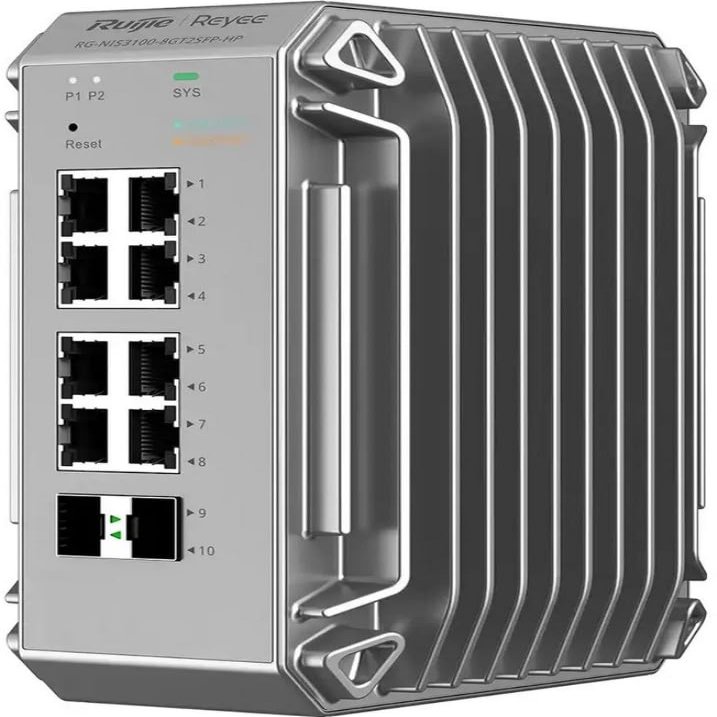 Managed PoE+ SwitchRG-NIS3100-8GT2SFP-HP Reyee 8-Port Industrial L2 Managed PoE+ Switch, 8X GbE (8X PoE+), 2X SFP Uplink, 240W PoE Budget, Fanless, 8 kV Protection, Dual 12-56V DC, IP40