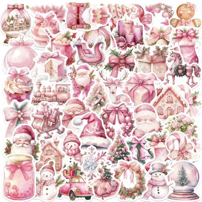 50PCS Pink Christmas Aesthetic Stickers Cartoon Lovely Snowman for Scrapbook Journaling Retro Santa Claus Stickers Party Favors Vinyl Waterproof Holiday Party, Pink Gifts Party (Pink Christmas)