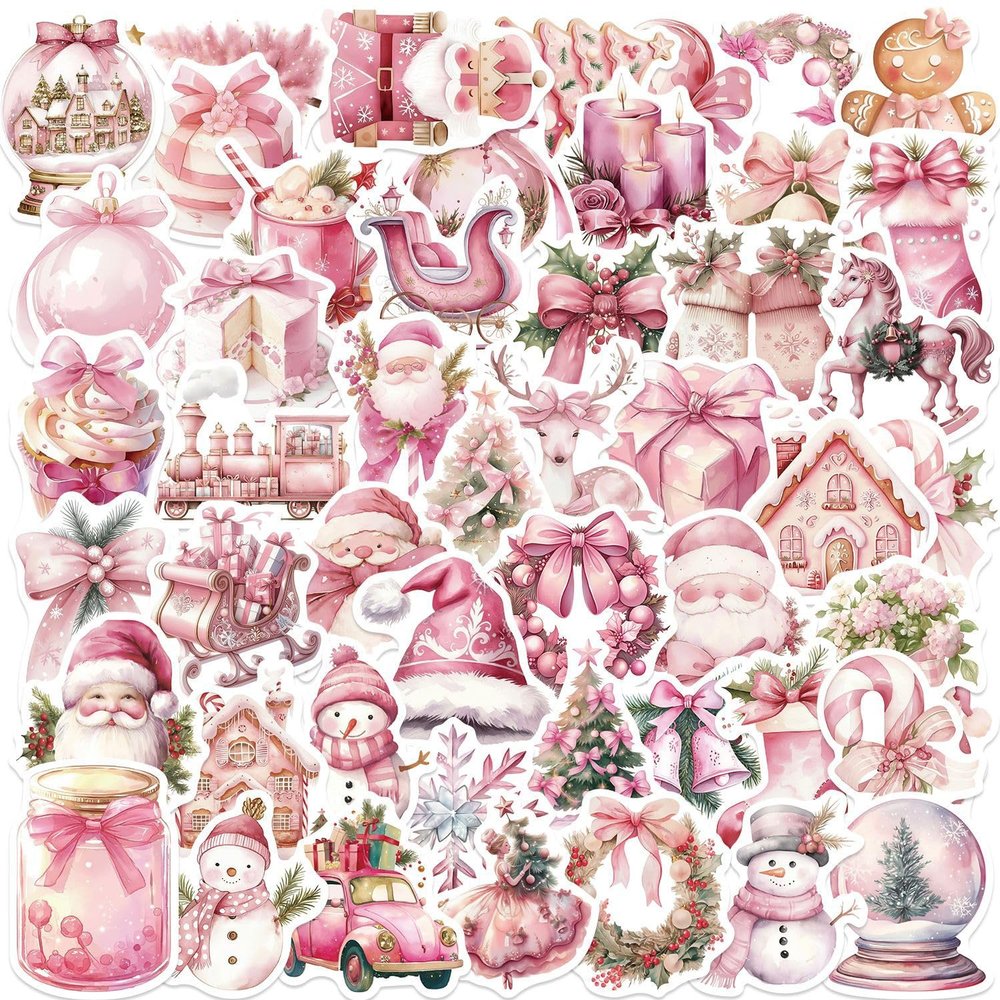 50PCS Pink Christmas Aesthetic Stickers Cartoon Lovely Snowman for Scrapbook Journaling Retro Santa Claus Stickers Party Favors Vinyl Waterproof Holiday Party, Pink Gifts Party (Pink Christmas)