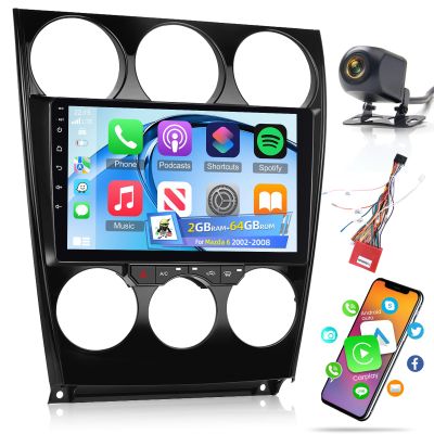 [2+64] Volxcereo Car Radio for Mazda 6 2002 2003 2004 2005 2006 2007 2008, 9 inch Android Touchscreen Stereo with Carplay/Android Auto, GPS, WiFi, Bluetooth, SWC, FM/RDS, Backup Camera