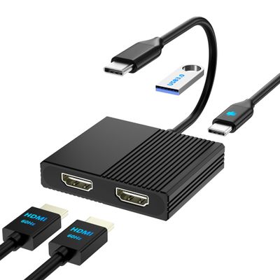 4K@60Hz USB C to Dual HDMI Adapter, HDMI Splitter for Dual Monitors for Dell/HP/Mac Laptops with PD, USB3.0, Double HDTV Adapter for 2 Monitors, HDTV Splitter Extended Display, USB-C Hub Multiport