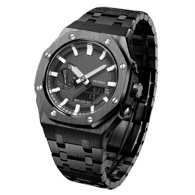 EZZON 5rd GA2100 mod kit, Metal Watch Band Bezel Models for GA2100/ GA2110, Men's Watch Modding Replacement Accessories With Bottom Cover(Black)